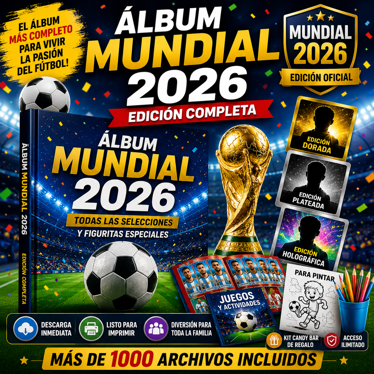 ⚽🔥 PACK PANINI PDF IMPRIMIBLE 2026 + CANDY BAR + ⚽ 🖨️Stickers + juegos + libros para pintar